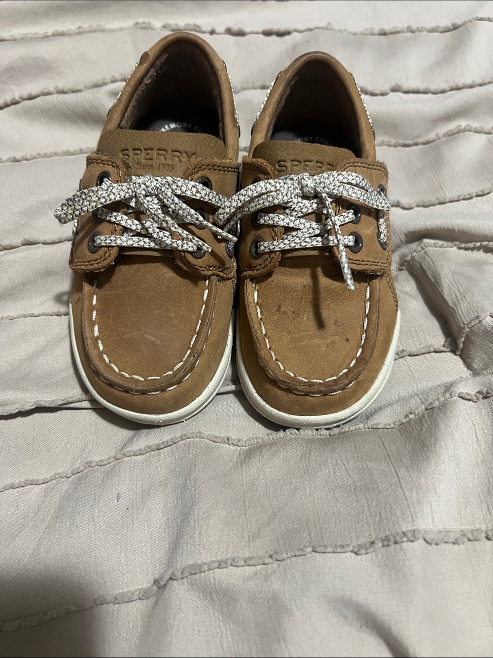 Sperry Toddler Tan Leather Boat Shoes with White Braided Laces